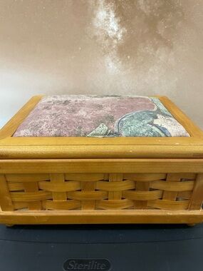 Vintage 1996 Woven Wooden Sewing Box  with Pink & Teal Upholstered Top
